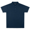 A navy blue polo shirt featuring a collar and a logo. The shirt has short sleeves and a classic fit.