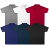 A collection of TRENDSWEAR Ace Performance men's polo shirts in grey, white, red, blue, navy, and black with logos.