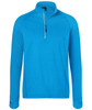 A bright blue men's sports shirt featuring a half-zip design and long sleeves. It includes a logo on the chest area.