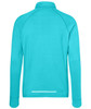A turquoise men's sports shirt with a half-zip collar and long sleeves, featuring a logo on the back.