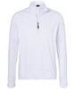 A white half-zip men's sports shirt with long sleeves and a zipper at the collar, featuring a small logo.