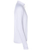 A white men's sports shirt with a half zip and long sleeves, featuring a logo on it.