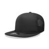 A black 5-panel high profile structured foam trucker hat with mesh sides and a branded label on the front.