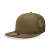 A high-profile structured foam trucker cap in olive green with a mesh back and a branding logo.