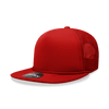 A red five-panel high-profile structured foam trucker cap with a mesh back and a logo.