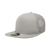 A grey 5 panel high profile structured foam trucker cap with a mesh back and a branded tag.