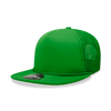 A green high profile structured foam trucker cap with mesh sides and a branded logo.