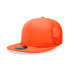 A high profile structured foam trucker cap in vibrant orange, featuring a mesh back and a logo on the front.