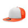 A high-profile structured foam trucker cap in orange and white, featuring a mesh back and a logo on the front.