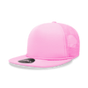 A pink 5 Panel High Profile Structured Foam Trucker hat with a mesh back and a branded patch.