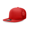 A red 5 Panel High Profile Structured Foam Trucker cap with a mesh back and a logo on the front.