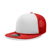 A red and white 5 panel high profile structured foam trucker cap with a mesh back and a logo on the front.