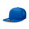 A blue 5 Panel High Profile Structured Foam Trucker cap with a mesh back and a branded label on the front.