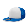 A structured foam trucker cap featuring a white front panel and blue mesh sides with a logo on the brim.