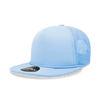 A light blue 5-panel high profile structured foam trucker cap with a mesh back and a logo on the front.