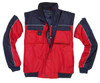 A red and navy workwear jacket featuring multiple pockets and a zippered front, with a logo on the chest.