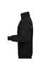 A black workwear jacket with a high collar and elastic cuffs, featuring a pocket on the arm and visible stitching details.