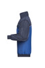 A blue and grey workwear jacket featuring a zippered front and a logo on the sleeve.