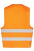 An orange safety vest with two reflective stripes, designed for visibility and safety. It has a branding logo.