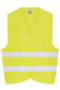 A bright yellow safety vest with reflective white stripes, designed for adult use, featuring a simple, sleeveless design.