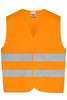 An orange safety vest with reflective strips, designed for visibility and safety. Includes branding on the label.