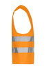 An orange safety vest featuring two reflective silver stripes and a sleeveless design. It includes a logo.