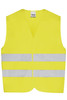 A bright yellow safety vest with reflective silver strips, designed for children's safety wear. It features a logo.