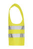 A bright yellow safety vest with three reflective stripes and an open design. It features a logo near the neckline.