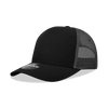 A black 5 panel mid-profile structured trucker cap with a mesh back and a logo on the front.