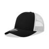 A black five-panel mid-profile structured trucker cap with a mesh back and a logo on the front.