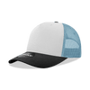 A structured trucker cap featuring a white front, black brim, and light blue mesh sides, complete with a logo.
