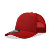 A red 5 Panel Mid Profile Structured Trucker hat featuring a mesh panel and branding on the front.