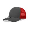 A grey cap with a red mesh back, featuring a structured five-panel design and a logo on the front.