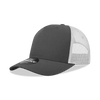 A grey trucker cap with a structured mid-profile design and mesh side panels, featuring a branding logo.