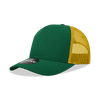 A green 5-panel mid-profile structured trucker cap with a yellow mesh back and a logo on the front.