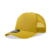 A structured yellow trucker cap with a mesh back and a logo.