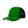 A green 5 panel mid profile structured trucker cap with a black mesh back and a logo on the side.