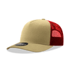 A structured trucker cap featuring a beige front and red mesh back, with a logo on the front.