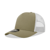 A khaki 5 Panel Mid Profile Structured Trucker cap with a white mesh back and a branding logo.