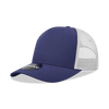 A navy blue trucker cap with a structured front and mesh side panels, featuring a logo on the front.