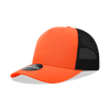 A bright orange and black structured trucker cap with a mesh back and a logo on the front.