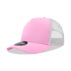 A pink mid-profile structured trucker cap with a mesh back and a logo on the front.