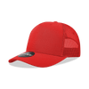 A red 5-panel mid-profile structured trucker cap with a mesh back and a branded label.