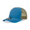 A structured trucker cap featuring a blue front and khaki mesh panels, with a logo on the side.