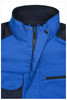 A blue workwear jacket with a zippered front, high collar, and pockets. The jacket features black detailing.