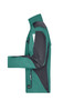 A workwear jacket in teal and black with a modern design, featuring a logo and a structured collar.