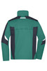 A workwear jacket in teal and navy, featuring a back view with reflective detailing and a logo.
