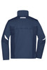 A navy blue workwear jacket featuring reflective panels and a high collar, with a logo present.