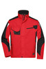 A red and black work jacket featuring multiple pockets and a logo, designed for durability and functionality.