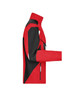 A red and black workwear jacket with a zippered front and a logo, featuring a high collar and an angled design.